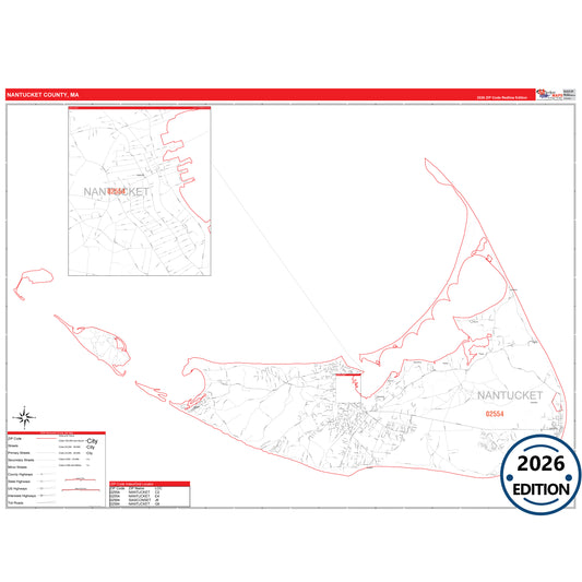 Nantucket County, MA Red Line 5 Digit ZIP Code Wall Map