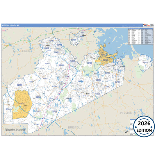 Norfolk County, MA Business Reference 5 Digit ZIP Code Wall Map