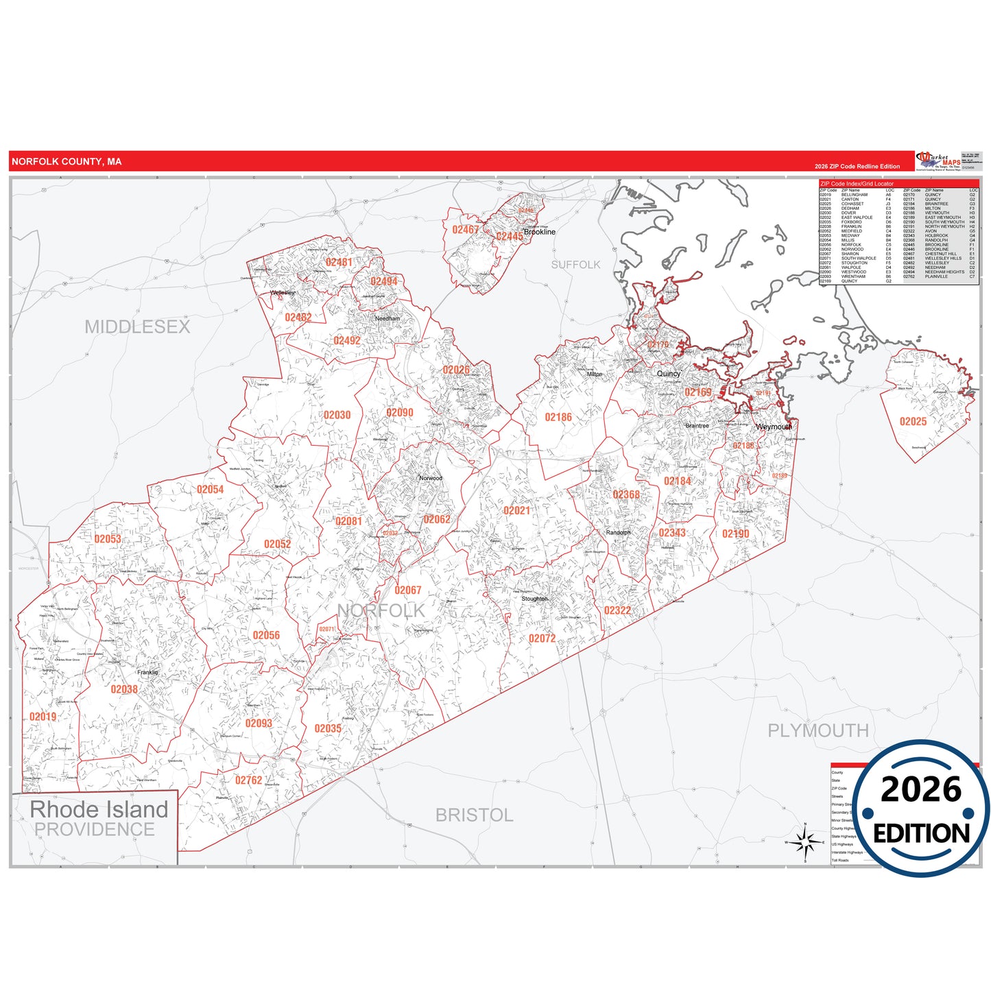 Norfolk County, MA Red Line 5 Digit ZIP Code Wall Map