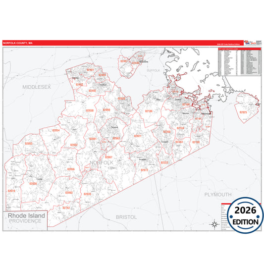 Norfolk County, MA Red Line 5 Digit ZIP Code Wall Map