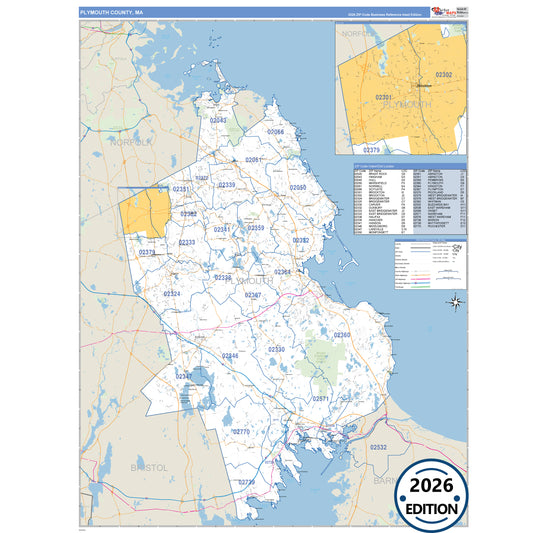 Plymouth County, MA Business Reference 5 Digit ZIP Code Wall Map