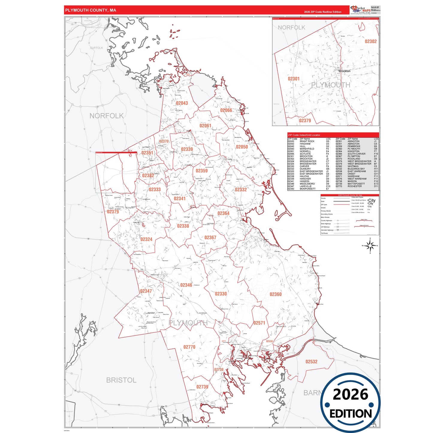 Plymouth County, MA Red Line 5 Digit ZIP Code Wall Map