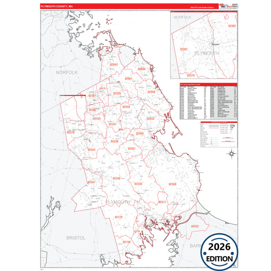 Plymouth County, MA Red Line 5 Digit ZIP Code Wall Map