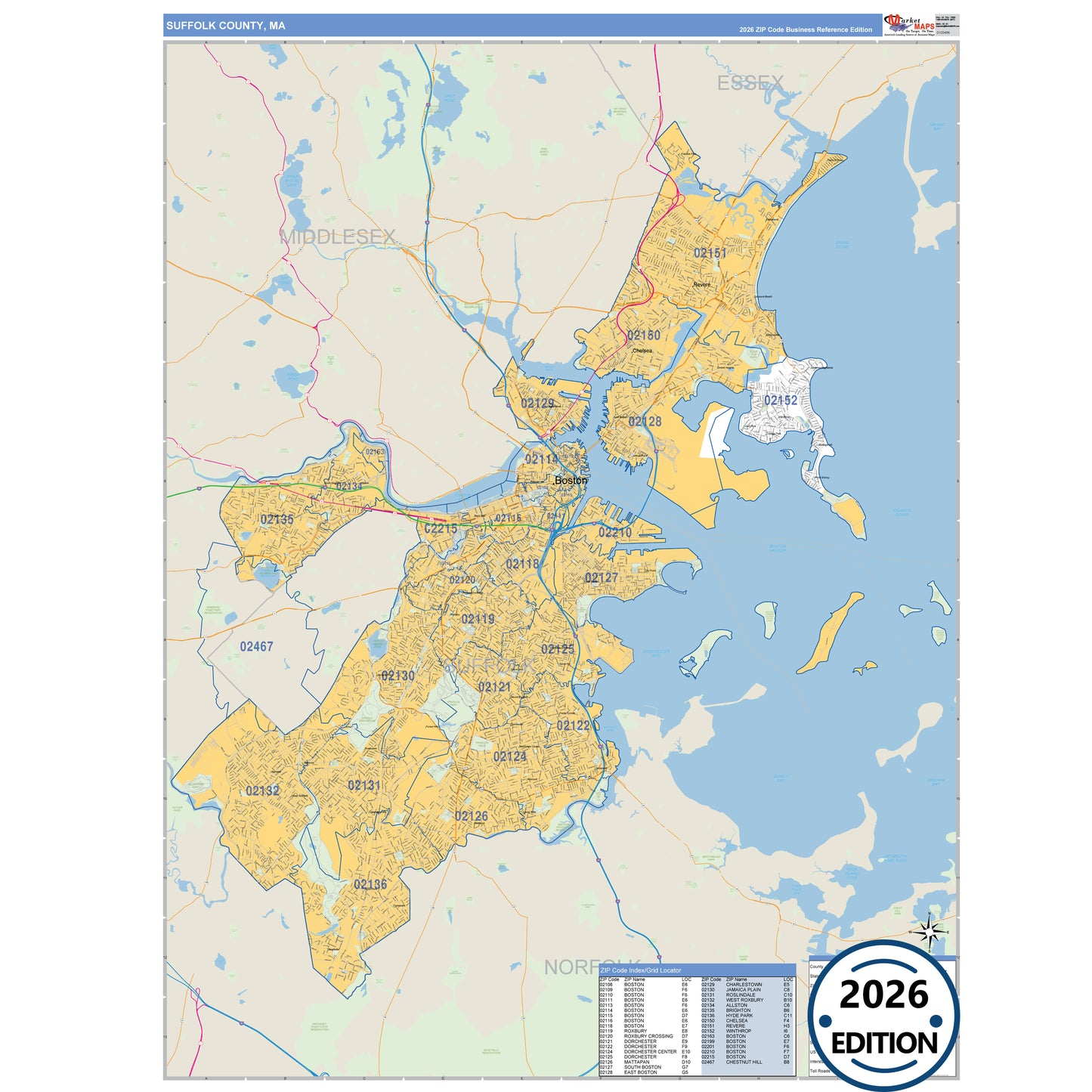 Suffolk County, MA Business Reference 5 Digit ZIP Code Wall Map