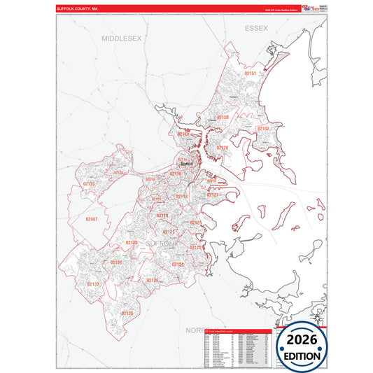 Suffolk County, MA Red Line 5 Digit ZIP Code Wall Map