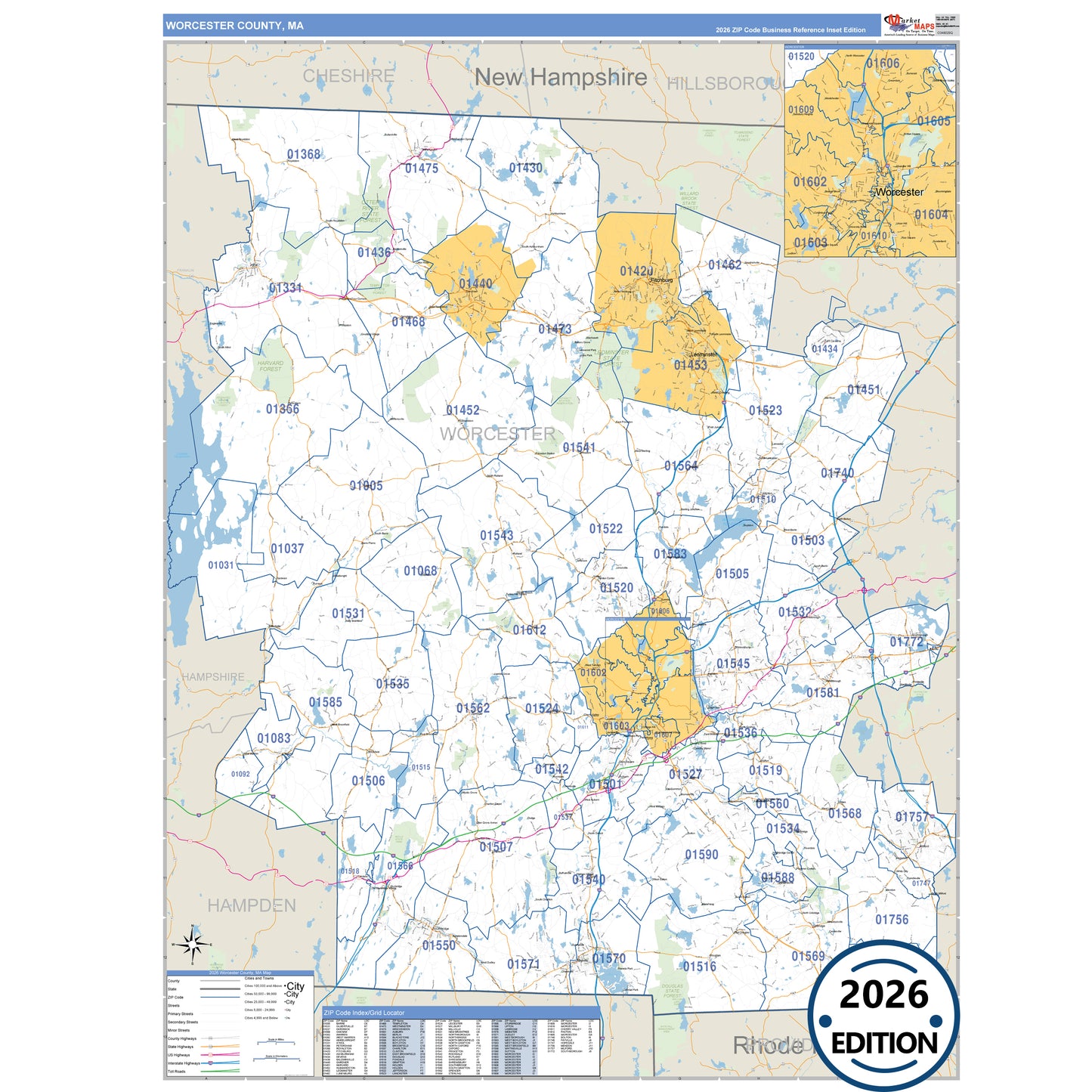 Worcester County, MA Business Reference 5 Digit ZIP Code Wall Map