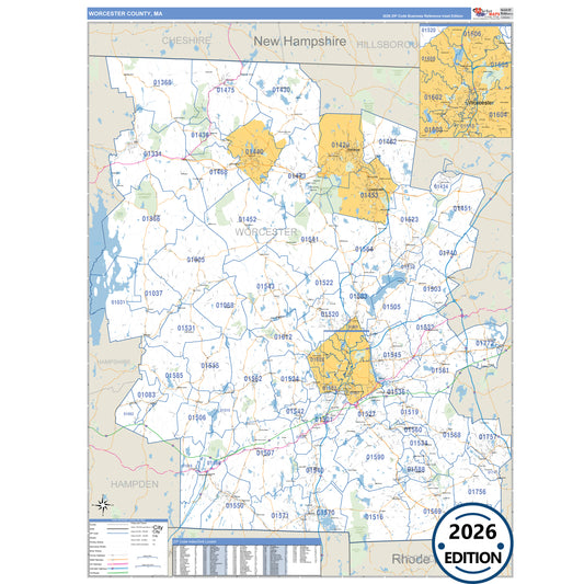 Worcester County, MA Business Reference 5 Digit ZIP Code Wall Map