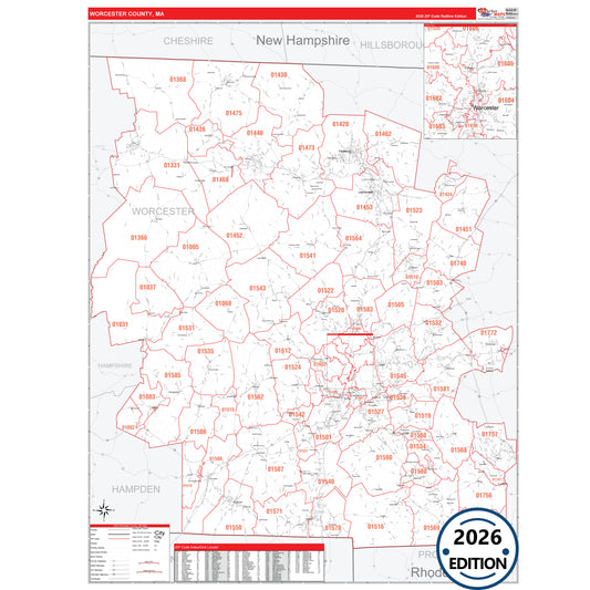 Worcester County, MA Red Line 5 Digit ZIP Code Wall Map