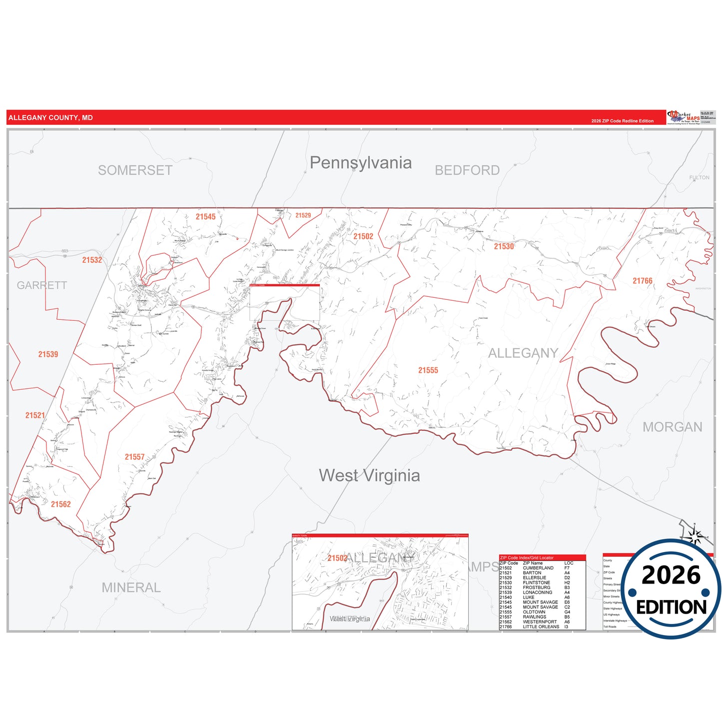 Allegany County, MD Red Line 5 Digit ZIP Code Wall Map
