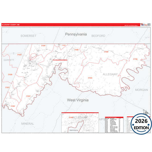 Allegany County, MD Red Line 5 Digit ZIP Code Wall Map