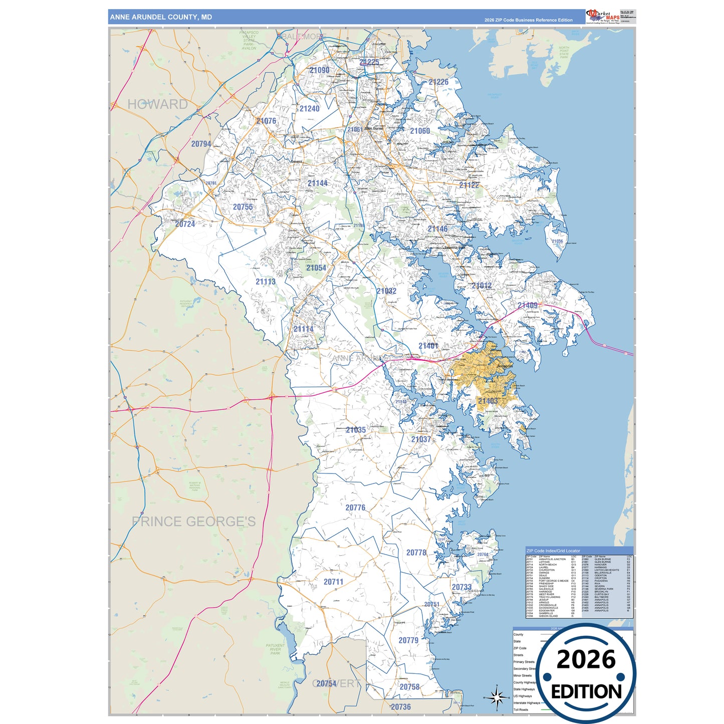 Anne Arundel County, MD Business Reference 5 Digit ZIP Code Wall Map