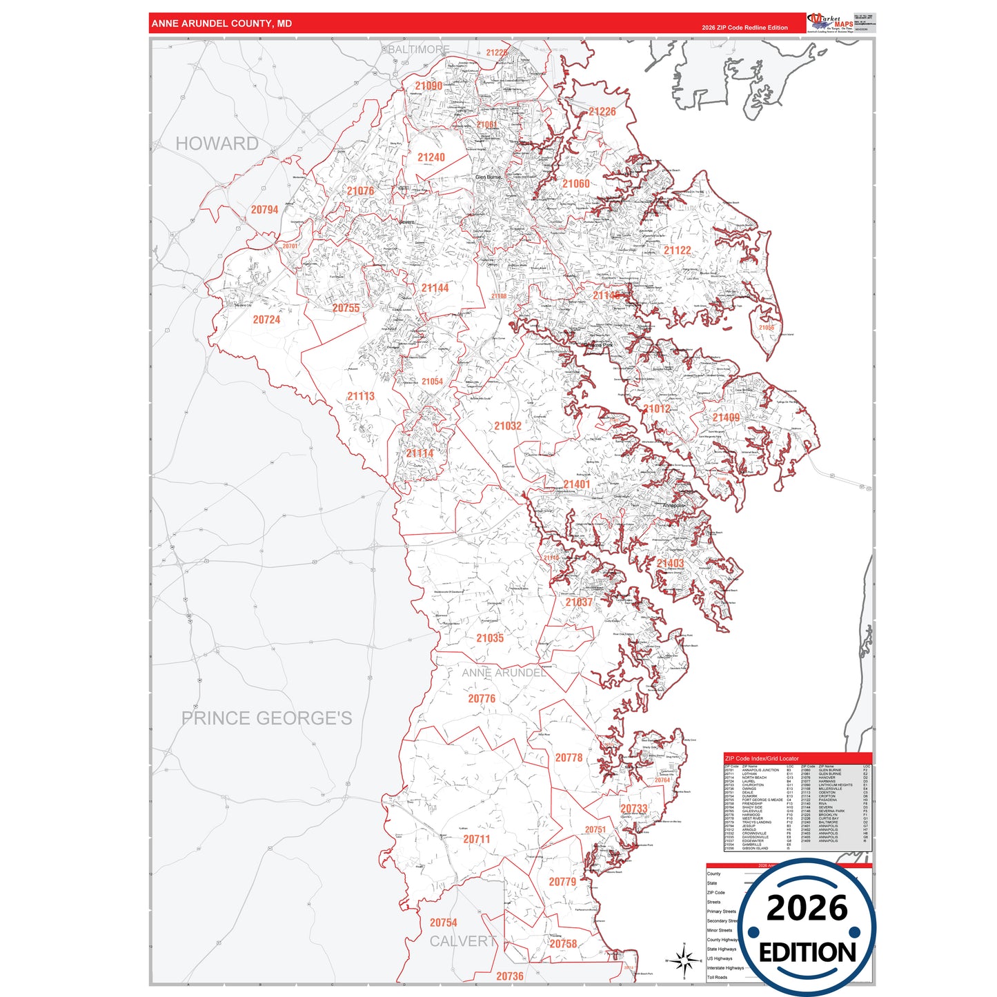 Anne Arundel County, MD Red Line 5 Digit ZIP Code Wall Map