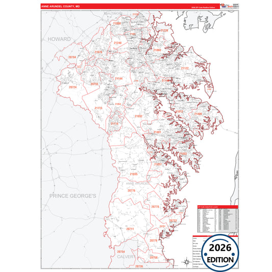 Anne Arundel County, MD Red Line 5 Digit ZIP Code Wall Map