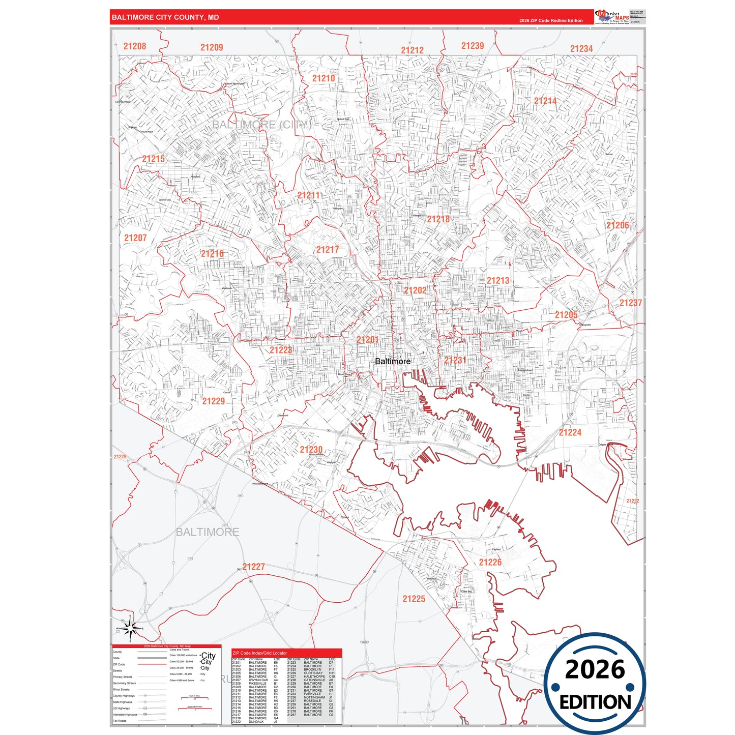 Baltimore County, MD Red Line 5 Digit ZIP Code Wall Map