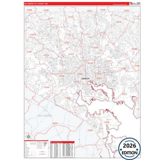 Baltimore County, MD Red Line 5 Digit ZIP Code Wall Map
