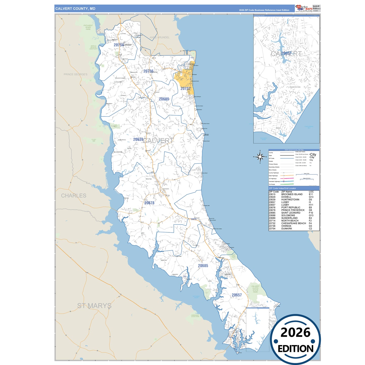 Calvert County, MD Business Reference 5 Digit ZIP Code Wall Map