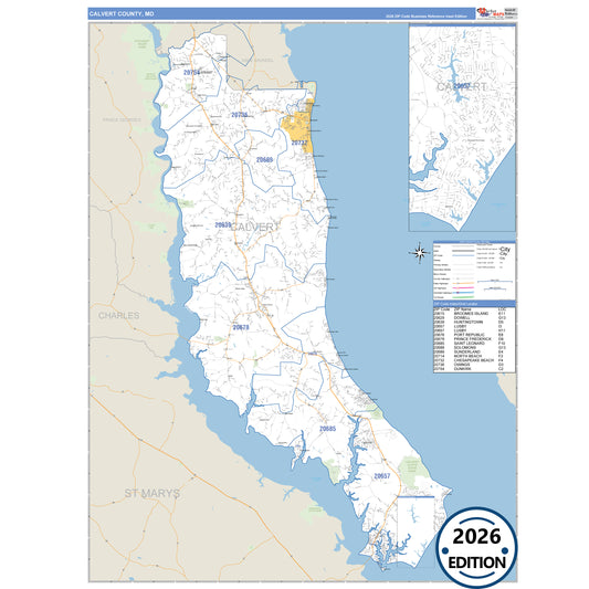 Calvert County, MD Business Reference 5 Digit ZIP Code Wall Map