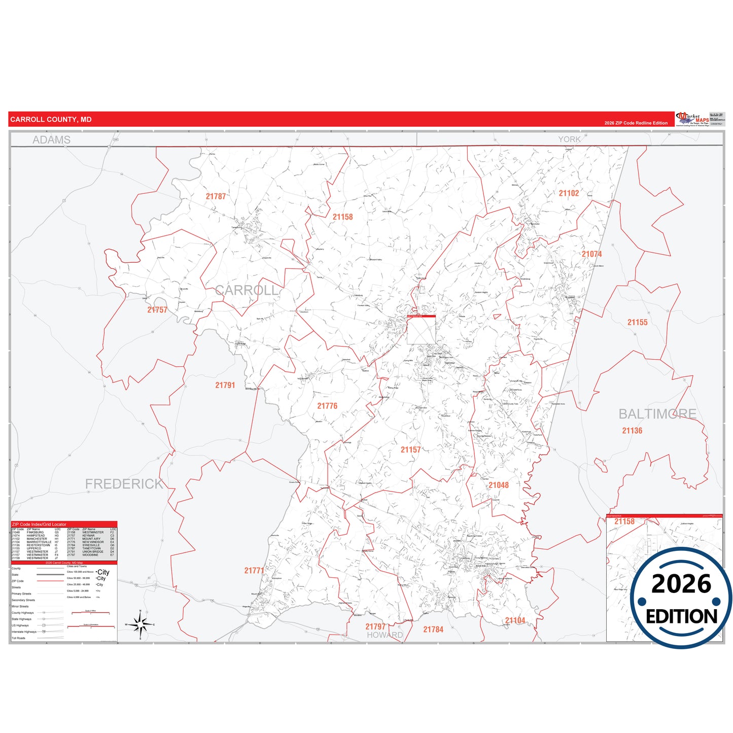 Carroll County, MD Red Line 5 Digit ZIP Code Wall Map