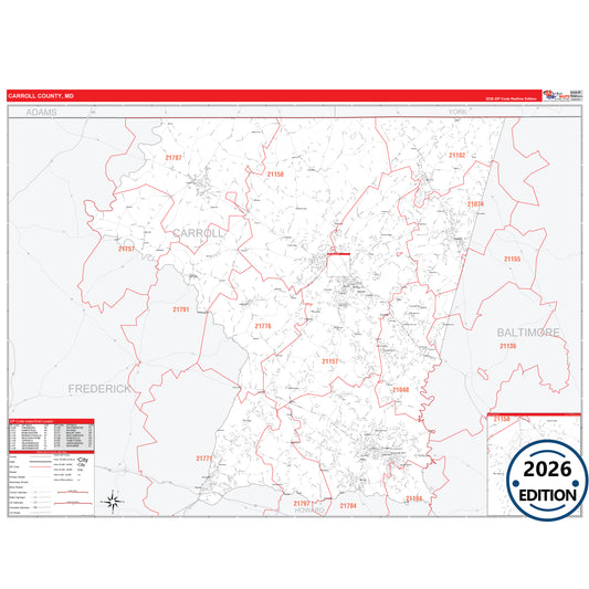 Carroll County, MD Red Line 5 Digit ZIP Code Wall Map