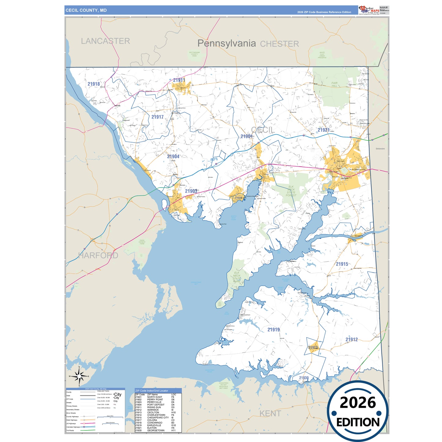 Cecil County, MD Business Reference 5 Digit ZIP Code Wall Map