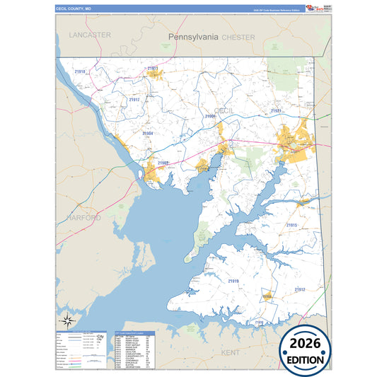 Cecil County, MD Business Reference 5 Digit ZIP Code Wall Map