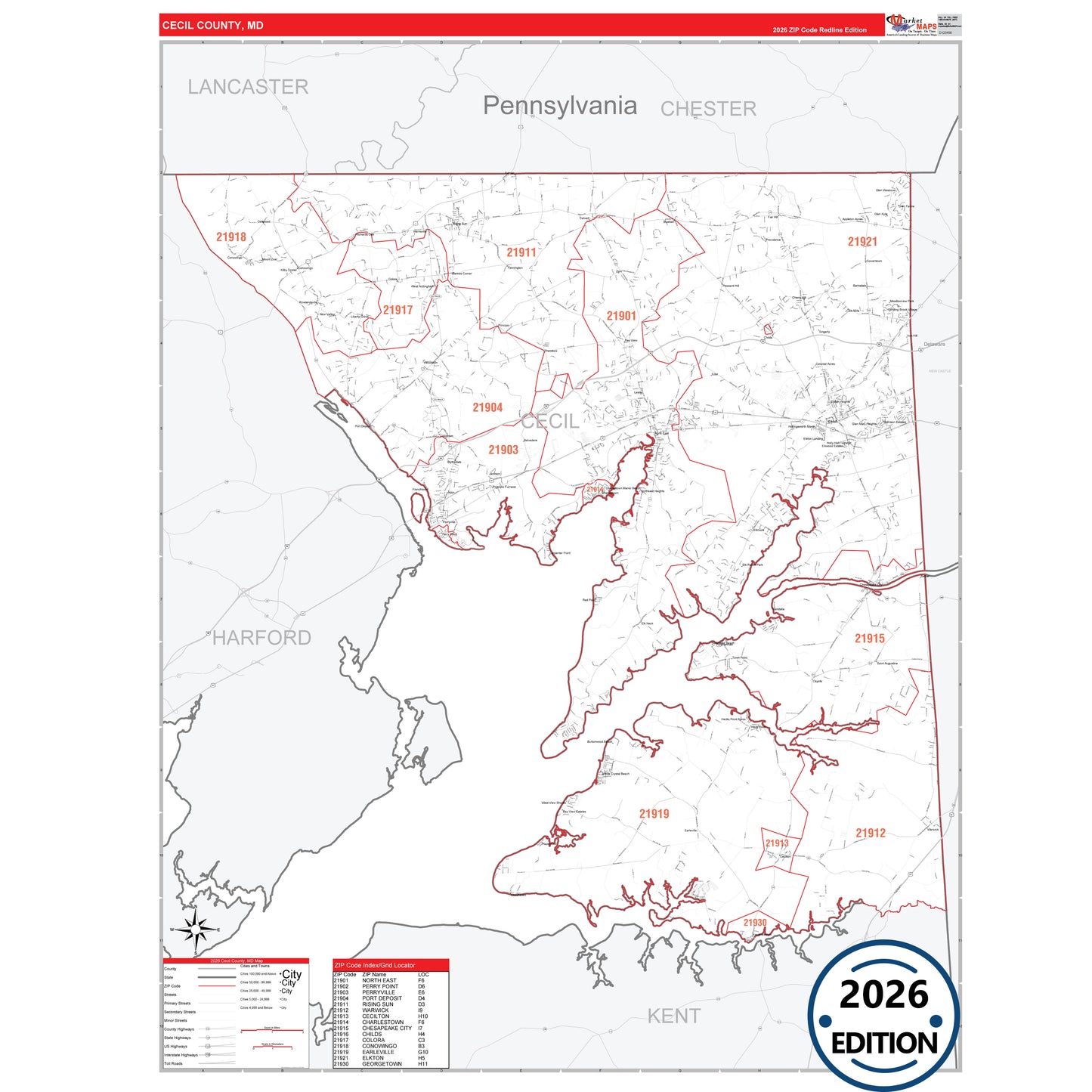 Cecil County, MD Red Line 5 Digit ZIP Code Wall Map