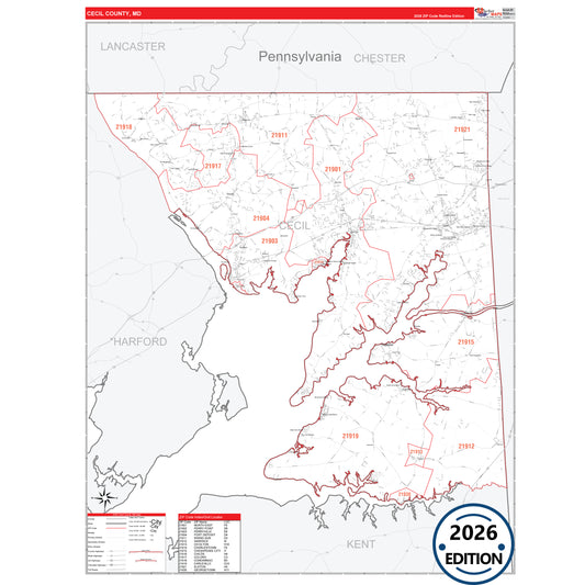 Cecil County, MD Red Line 5 Digit ZIP Code Wall Map