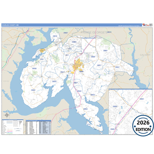 Charles County, MD Business Reference 5 Digit ZIP Code Wall Map