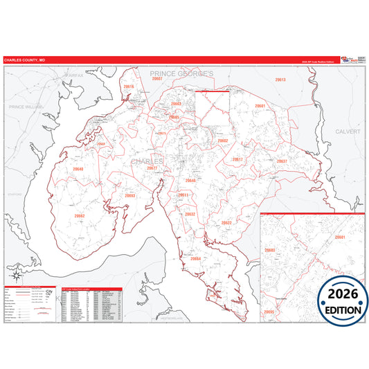 Charles County, MD Red Line 5 Digit ZIP Code Wall Map