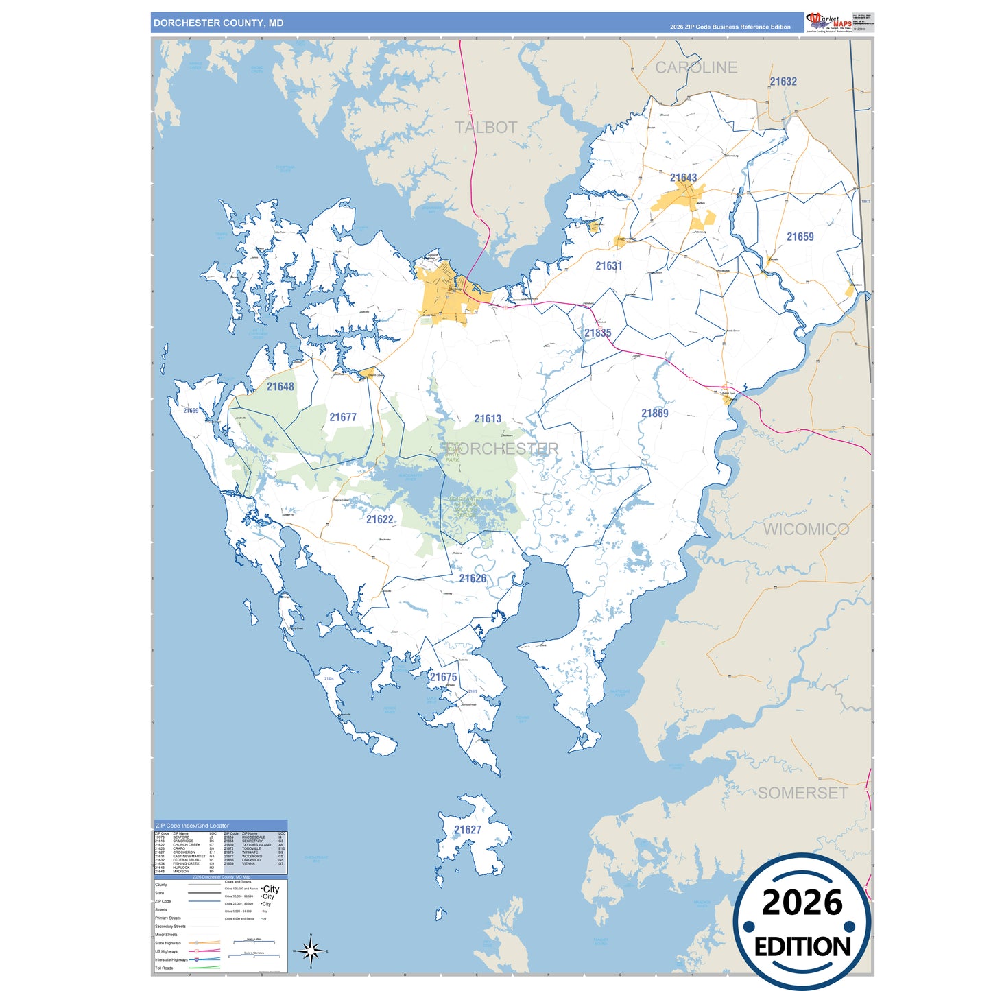 Dorchester County, MD Business Reference 5 Digit ZIP Code Wall Map