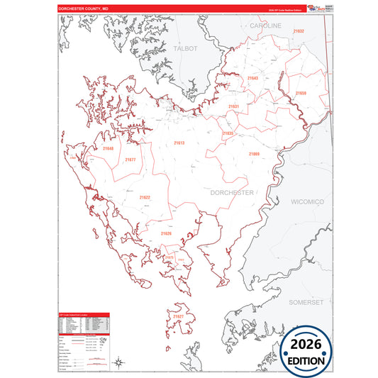 Dorchester County, MD Red Line 5 Digit ZIP Code Wall Map