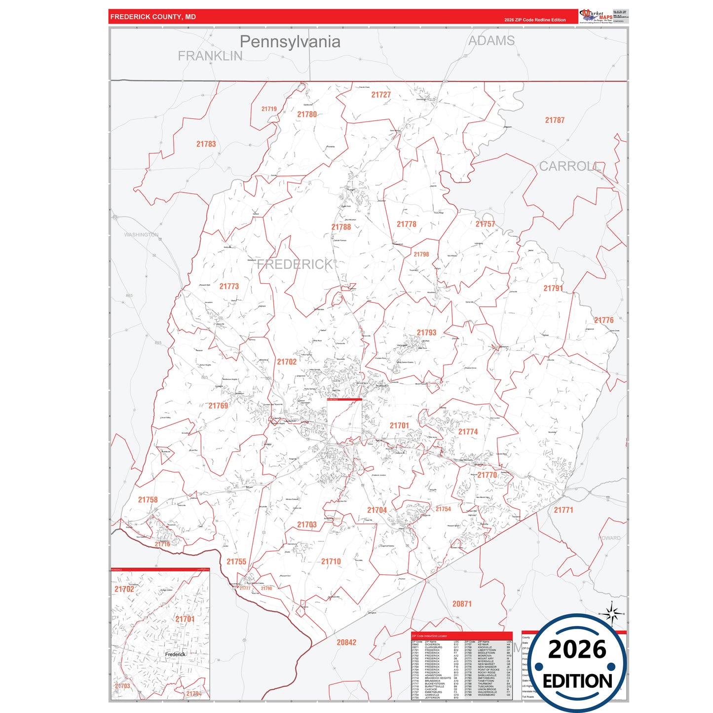 Frederick County, MD Red Line 5 Digit ZIP Code Wall Map