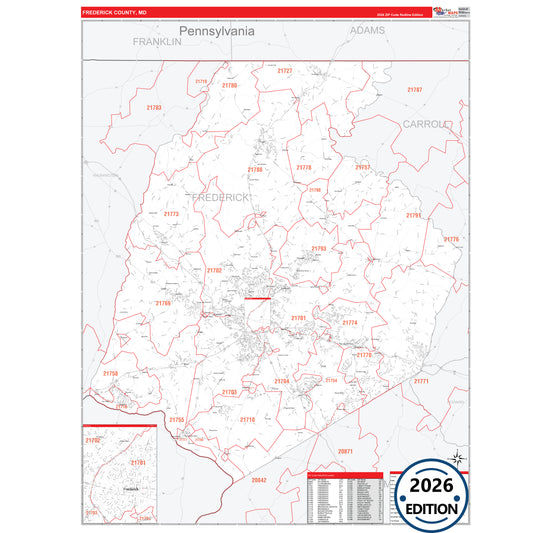 Frederick County, MD Red Line 5 Digit ZIP Code Wall Map