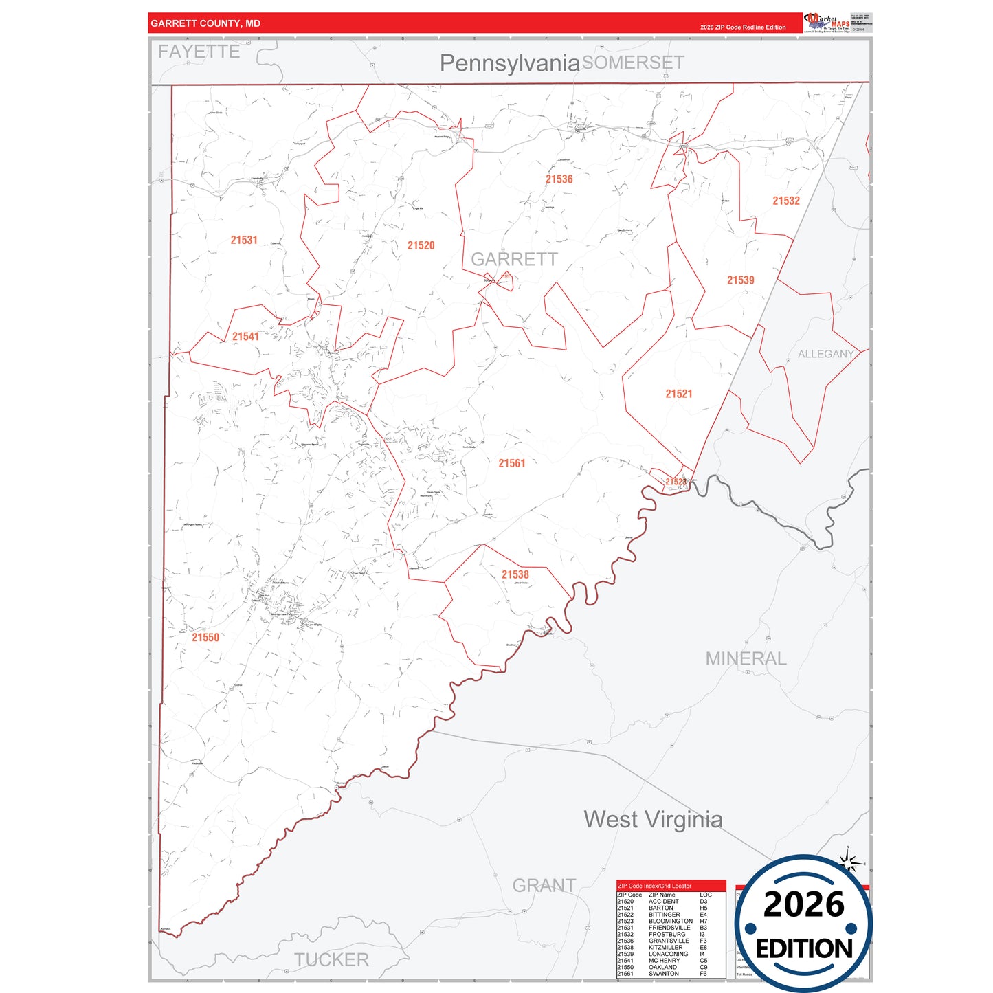 Garrett County, MD Red Line 5 Digit ZIP Code Wall Map