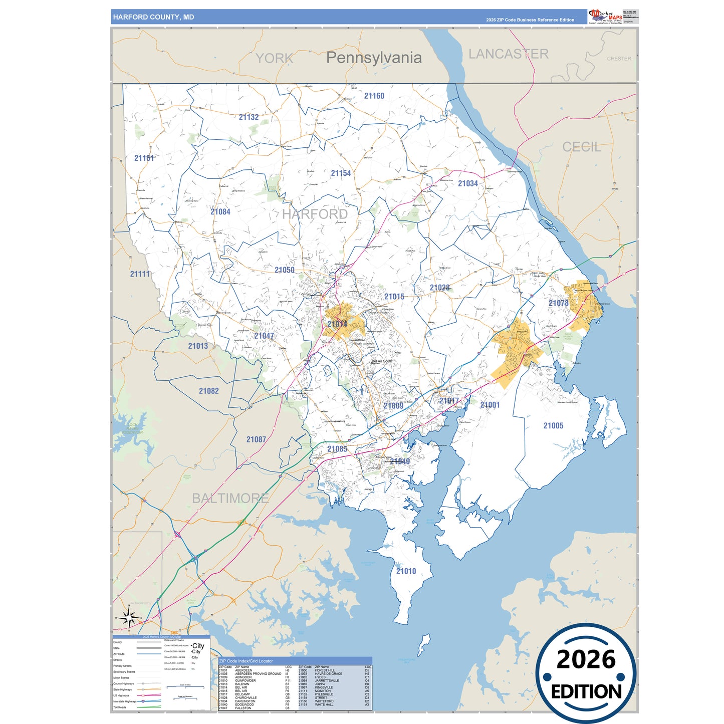 Harford County, MD Business Reference 5 Digit ZIP Code Wall Map
