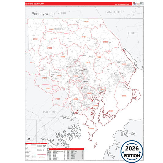 Harford County, MD Red Line 5 Digit ZIP Code Wall Map