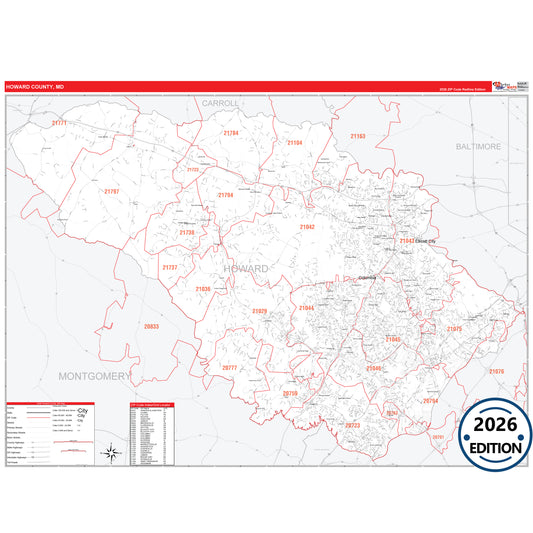 Howard County, MD Red Line 5 Digit ZIP Code Wall Map
