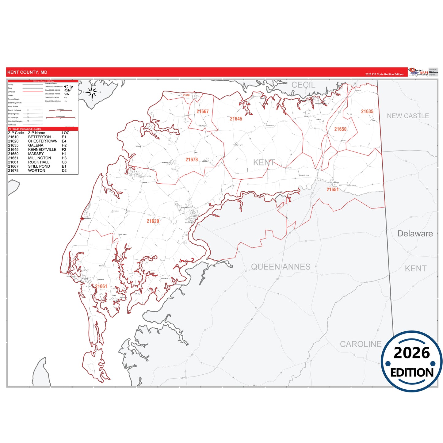 Kent County, MD Red Line 5 Digit ZIP Code Wall Map