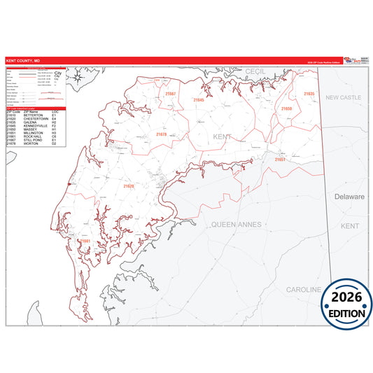 Kent County, MD Red Line 5 Digit ZIP Code Wall Map