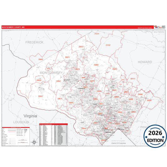 Montgomery County, MD Red Line 5 Digit ZIP Code Wall Map