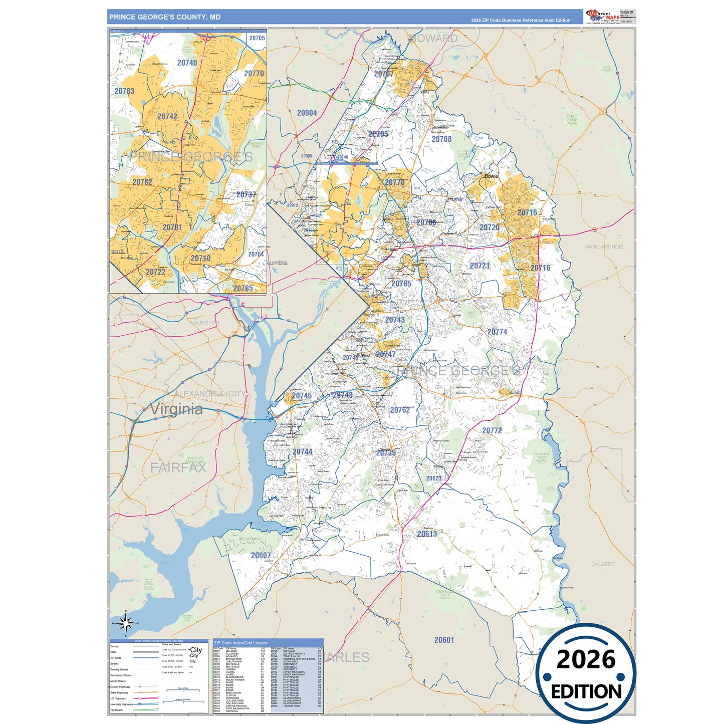 Prince George's County, MD Business Reference 5 Digit ZIP Code Wall Map