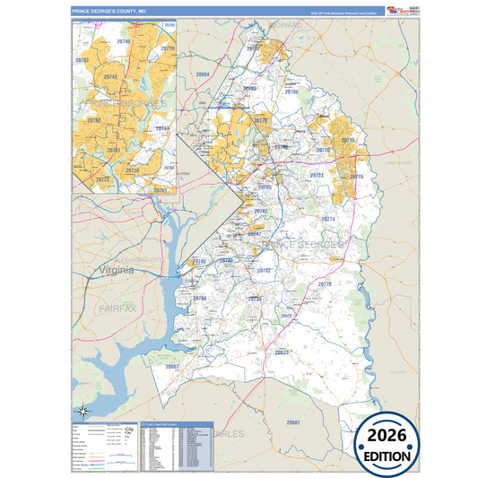 Prince George's County, MD Business Reference 5 Digit ZIP Code Wall Map