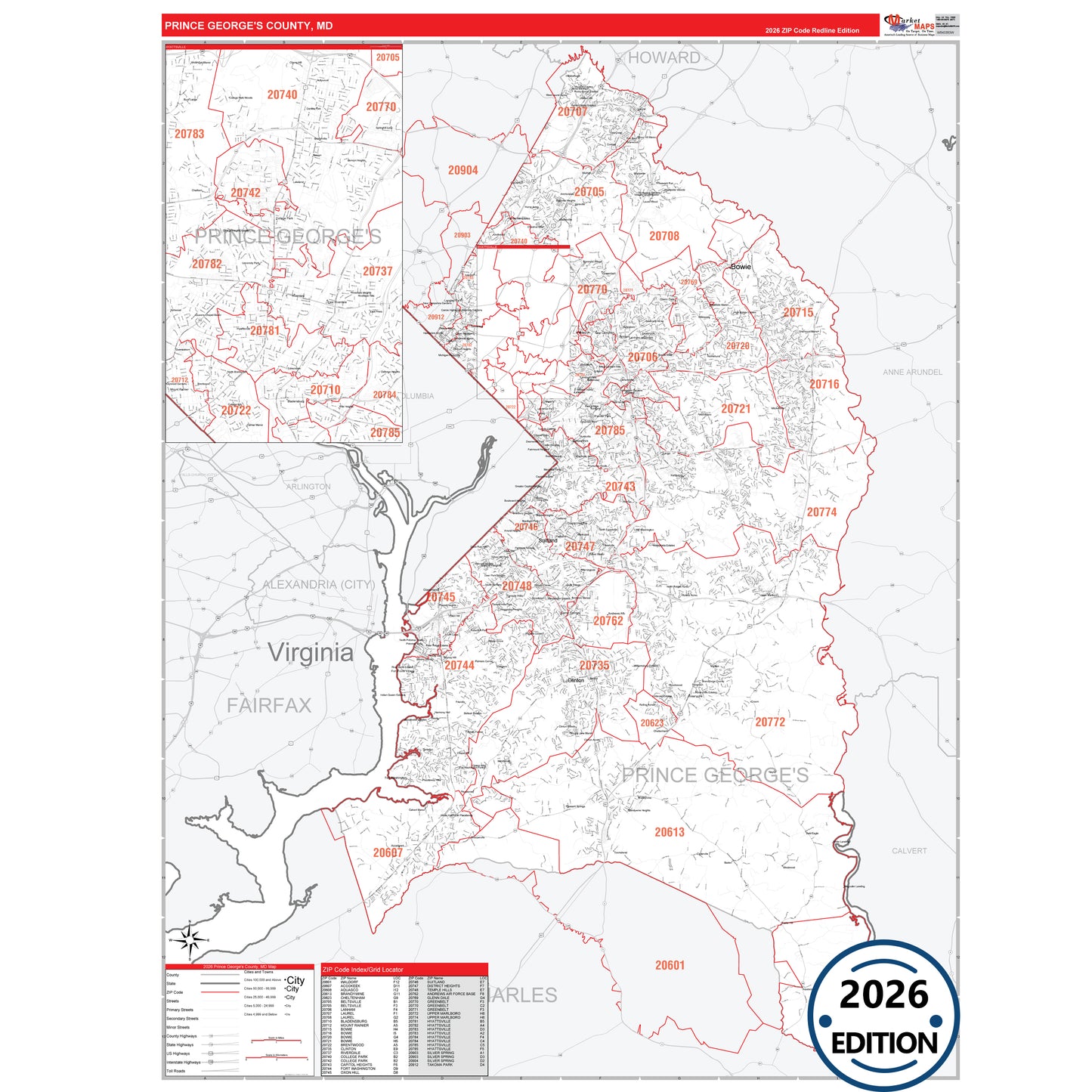 Prince George's County, MD Red Line 5 Digit ZIP Code Wall Map