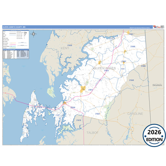 Queen Anne's County, MD Business Reference 5 Digit ZIP Code Wall Map