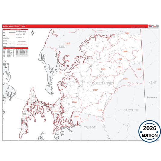 Queen Anne's County, MD Red Line 5 Digit ZIP Code Wall Map