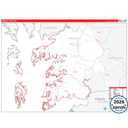 Somerset County, MD Red Line 5 Digit ZIP Code Wall Map