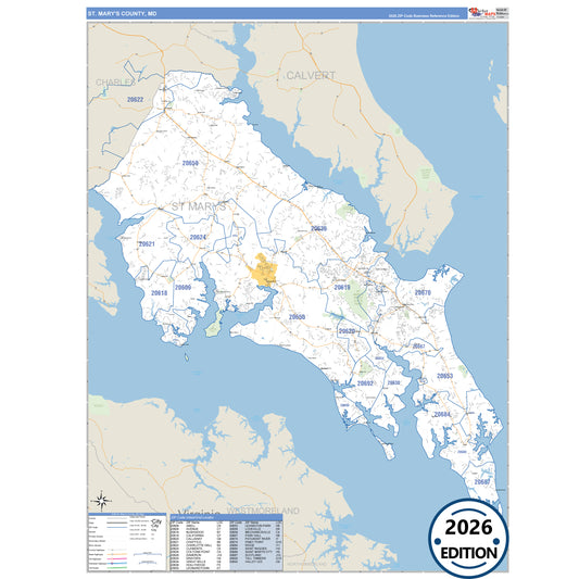 St. Mary's County, MD Business Reference 5 Digit ZIP Code Wall Map