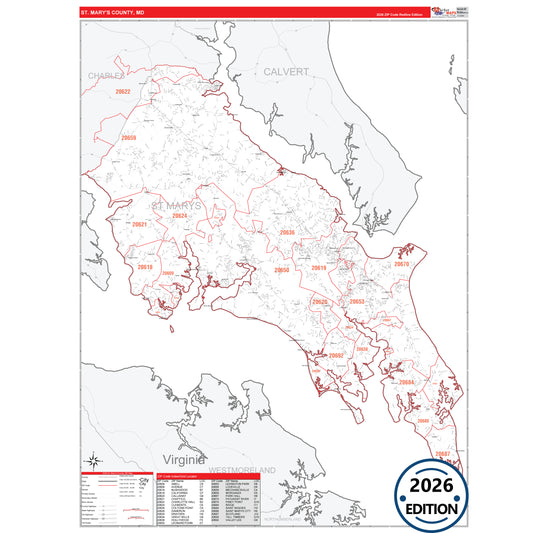 St. Mary's County, MD Red Line 5 Digit ZIP Code Wall Map