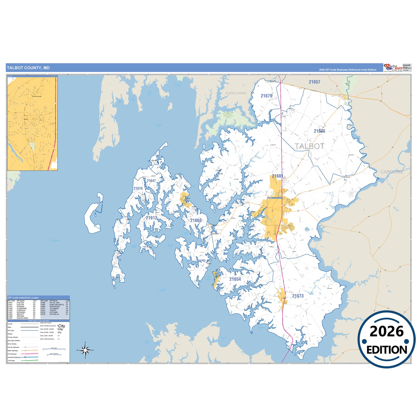 Talbot County, MD Business Reference 5 Digit ZIP Code Wall Map