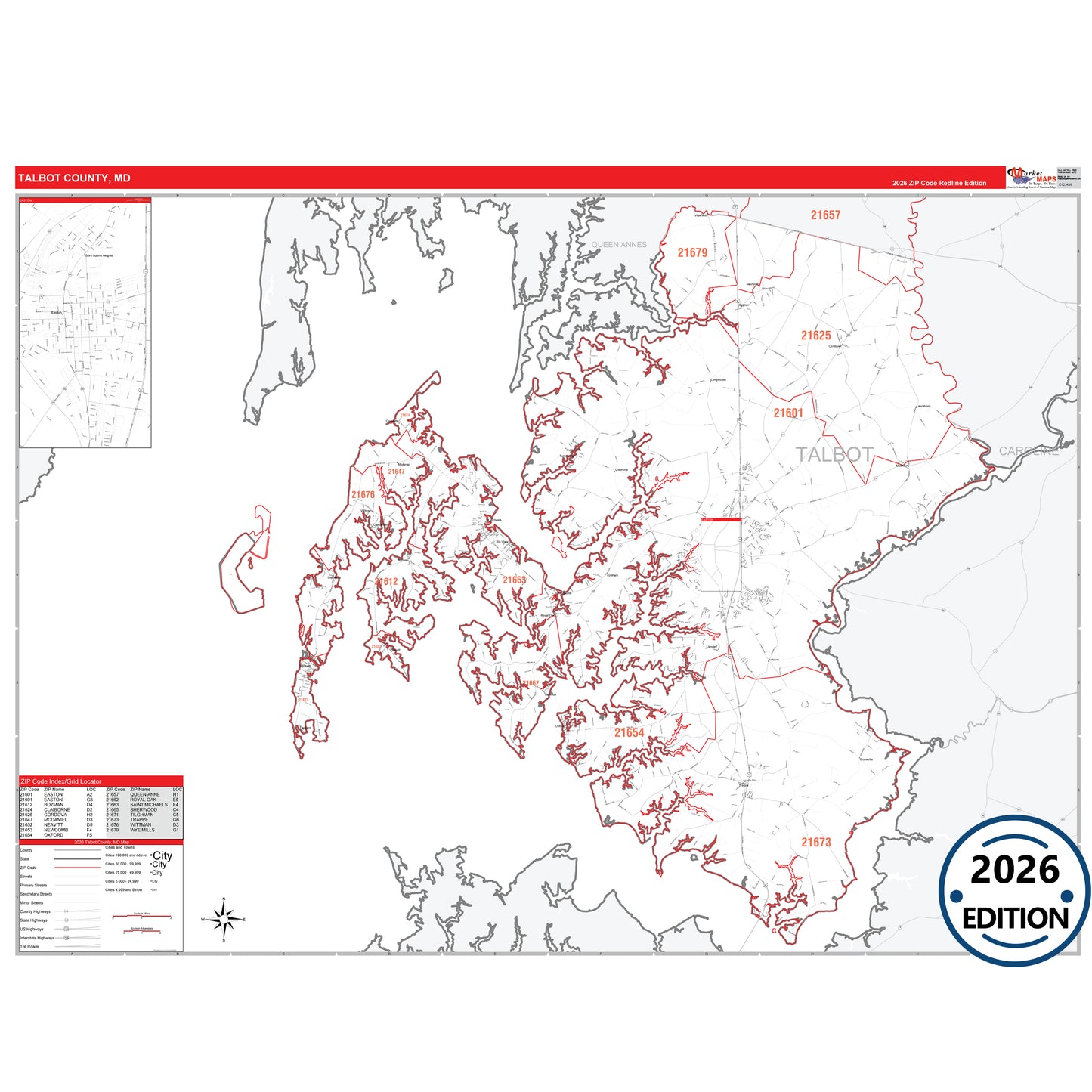 Talbot County, MD Red Line 5 Digit ZIP Code Wall Map